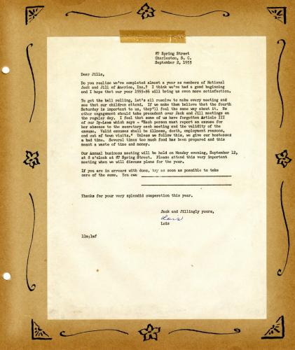 Letter from Lois Moses to the Charleston Chapter of Jack and Jill