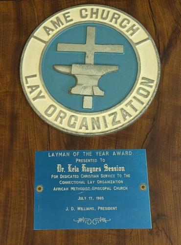 Layman of the Year Award presented to Dr. Lela Haynes Session, 1985