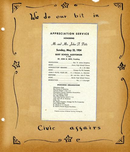 Appreciation Service honoring Mr. and Mrs. John F. Potts program, 1954