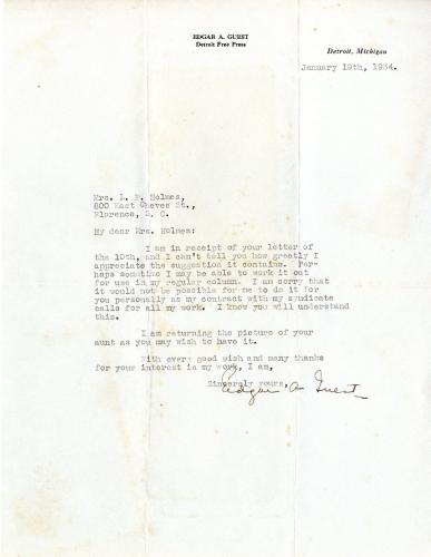 Letter from Edgar A. Guest to Mrs. L. F. Holmes, 1934