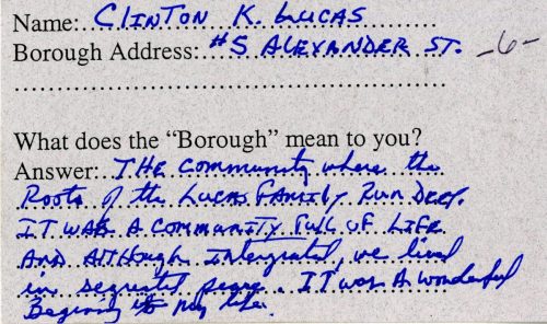Clinton Lucas Borough Reunion survey card