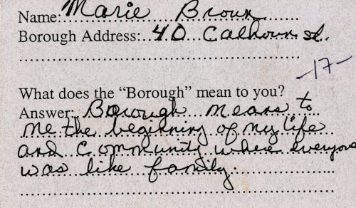 Marie Brown Borough Reunion survey card