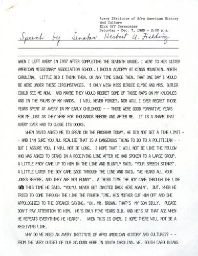 Page 1. Sen. Herbert U. Fielding Kick Off Ceremonies speech, 1985.