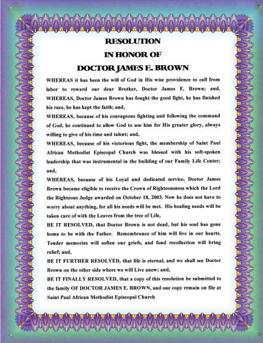 Saint Paul African Methodist Episcopal Methodist Church Resolution in Honor of Doctor James E. Brown, Undated