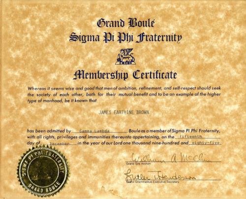 James E. Brown membership certificate for the Gamma Lambda Boule of the Sigma Pi Phi Fraternity, 1985 