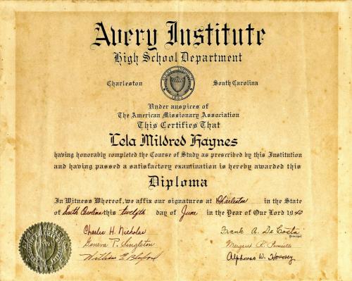 Lela Mildred Haynes' Avery Institute diploma, 1940