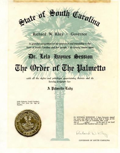 The Order of The Palmetto awarded to Dr. Lela Haynes Session, 1979